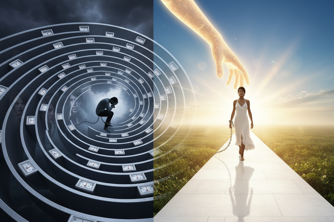 Une personne sortant d'un labyrinthe de balances (l'effet yoyo) grâce à un coach, pour s'engager sur un chemin de réussite durable.