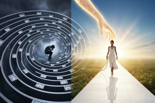 Une personne sortant d'un labyrinthe de balances (l'effet yoyo) grâce à un coach, pour s'engager sur un chemin de réussite durable.