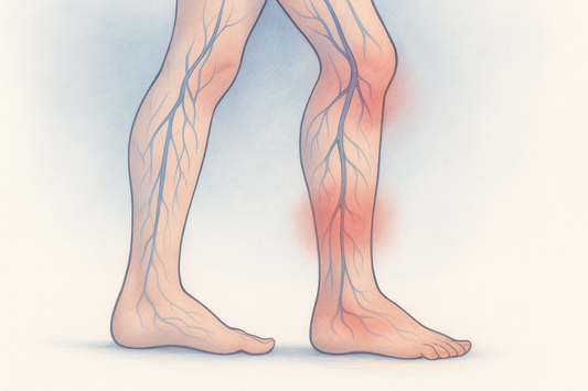Illustration scientifique de la circulation veineuse dans une jambe, comparant la stase sanguine des jambes lourdes à un retour veineux efficace.