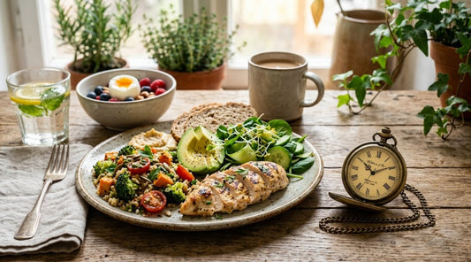 Montre à gousset et repas équilibré illustrant le rythme du jeûne intermittent et l'équilibre métabolique