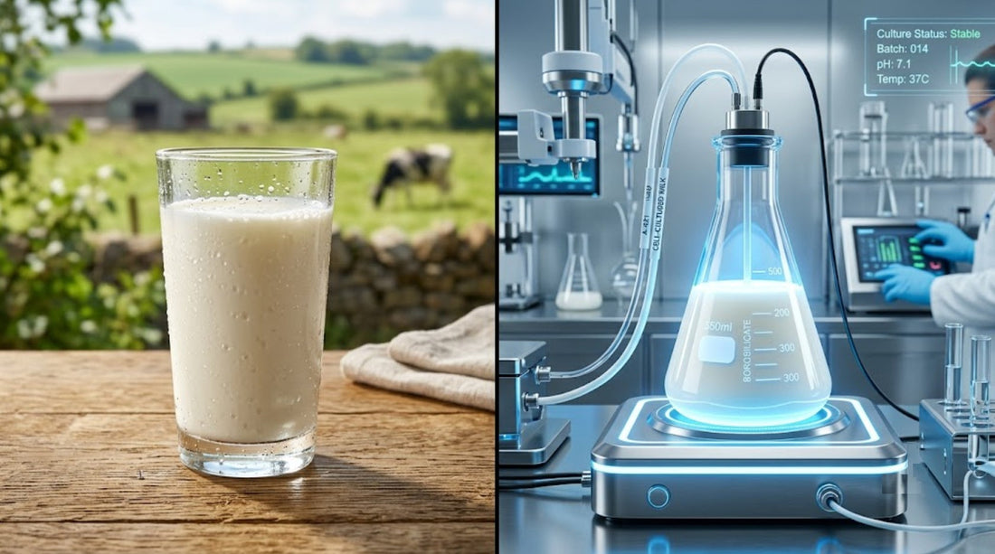 Comparaison entre un verre de lait naturel et une fiole de lait de laboratoire issu de la fermentation de précision