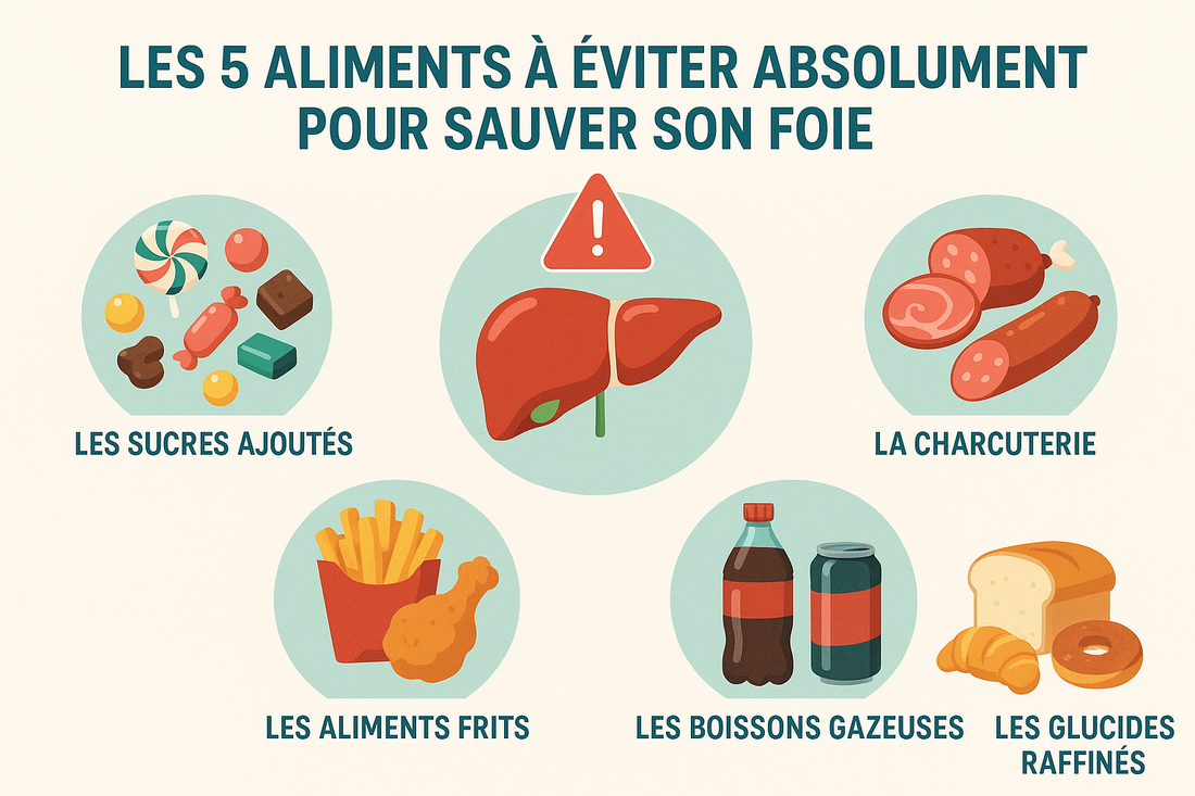 Illustration d'un foie sain menacé par cinq aliments néfastes (soda, frites, charcuterie, sucre, pain blanc) qui symbolisent les dangers de l'alimentation moderne.