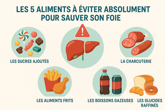 Illustration d'un foie sain menacé par cinq aliments néfastes (soda, frites, charcuterie, sucre, pain blanc) qui symbolisent les dangers de l'alimentation moderne.