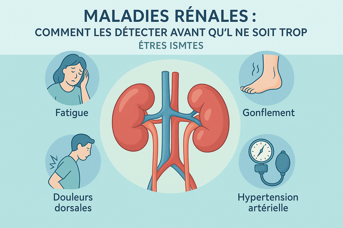 Une image conceptuelle montrant des reins sains entouré des causes de maladies rénales, symbolisant la détection précoce des maladies rénales.