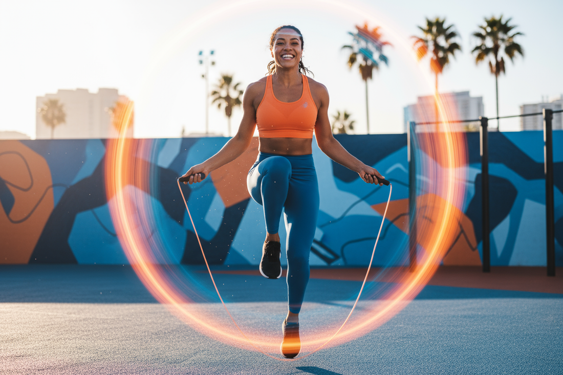 Une personne sautant à la corde, entourée de données holographiques (sauts, calories), symbolisant la transformation de l'exercice en une expérience de fitness connectée et motivante.