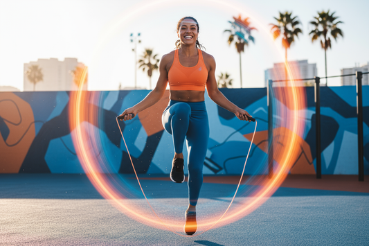 Une personne sautant à la corde, entourée de données holographiques (sauts, calories), symbolisant la transformation de l'exercice en une expérience de fitness connectée et motivante.