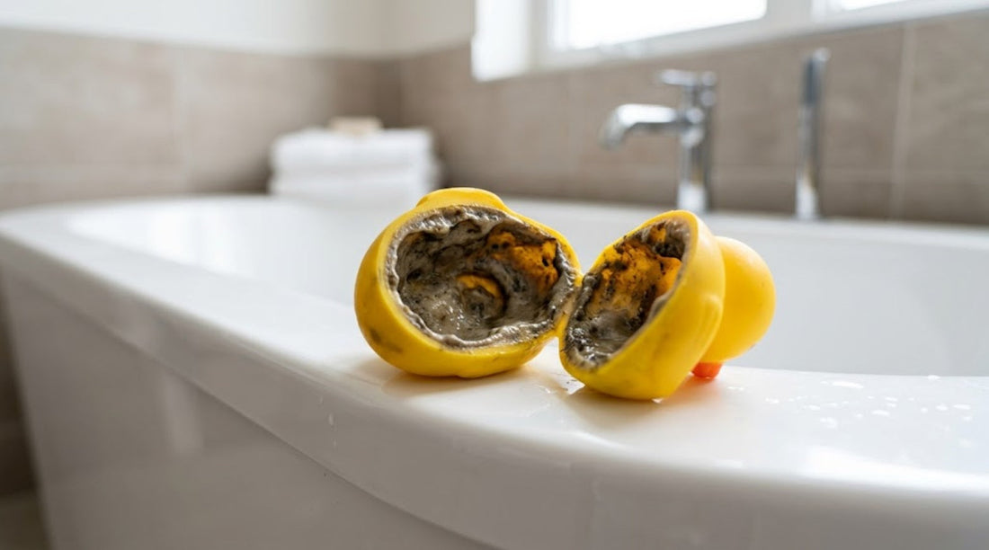 Intérieur moisi d'un canard de bain en plastique coupé en deux, illustrant le biofilm bactérien