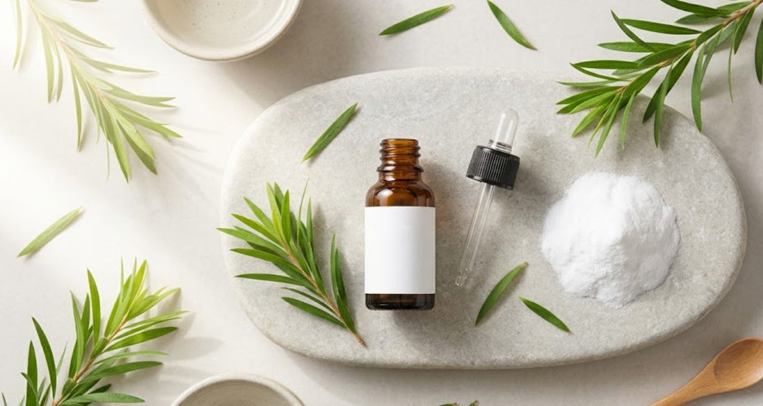 Flacon d'huile essentielle de Tea Tree et bicarbonate de soude pour soigner une mycose des ongles naturellement
