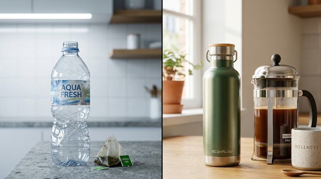Réduire sa charge toxique : remplacer l'eau en bouteille plastique et les sachets de thé par de l'inox et du verre