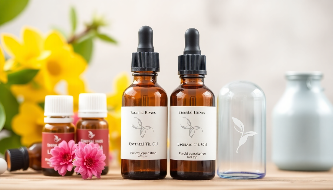 Une composition de plusieurs huiles essentielles (lavande, menthe poivrée, citron) avec leurs plantes d'origine, illustrant un guide pour débutants sur l'aromathérapie.