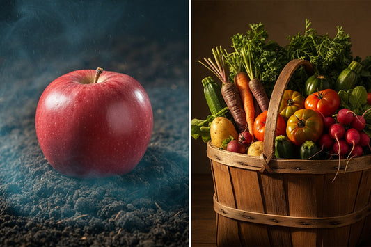 Comparaison entre une pomme bio et un panier de légumes de saison issus de l'agriculture paysanne