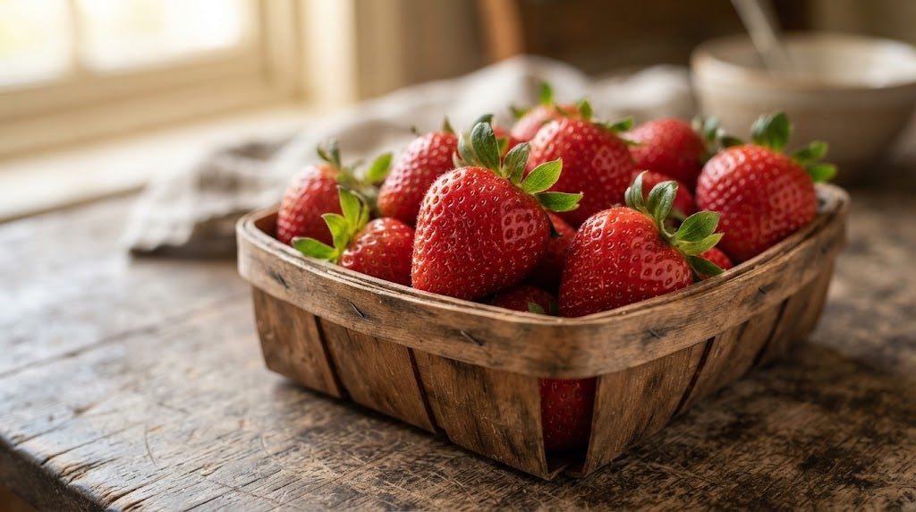 Barquette de fraises fraîches sur une table en bois évoquant le choix d'une alimentation saine et bio