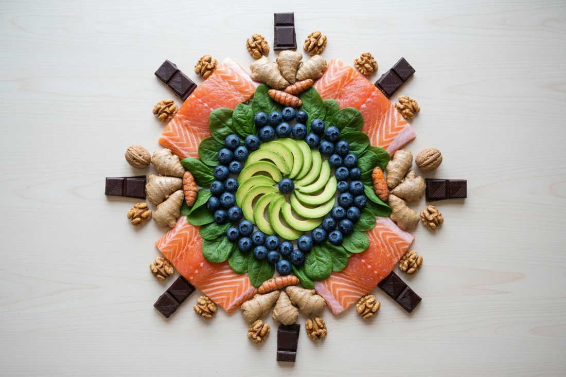 Une composition d'aliments sains et colorés (avocat, saumon, myrtilles) arrangés en cercle, illustrant un guide des super aliments pour booster sa santé.