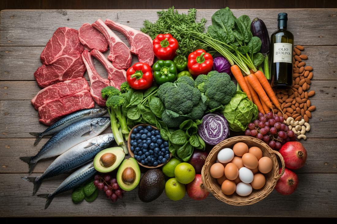 Une table en bois remplie d'aliments sains et colorés : viandes, poissons, légumes, fruits et noix, illustrant une liste de courses idéale pour la santé.
