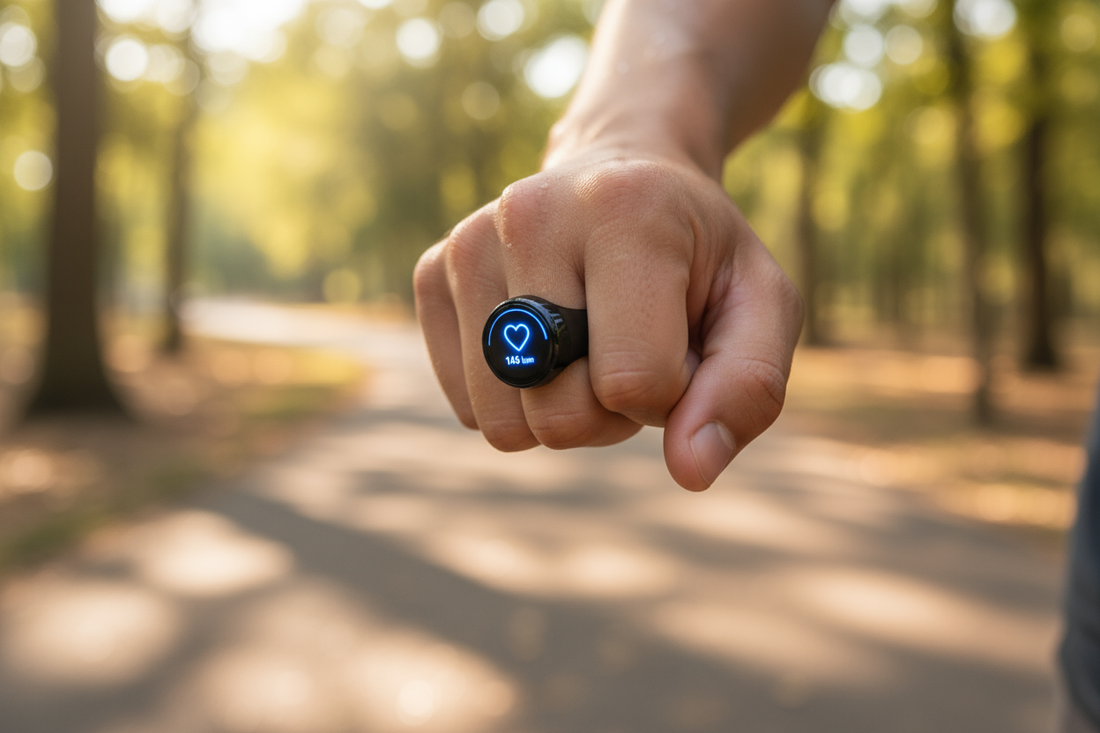 Gros plan sur la main d'un coureur portant la bague connectée R12, dont l'écran affiche la fréquence cardiaque pendant l'effort.