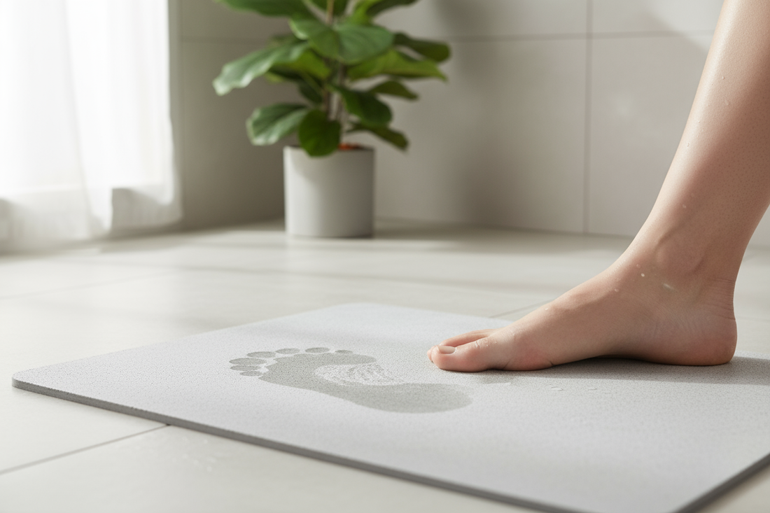 Des pieds mouillés posés sur un tapis de bain en diatomite, montrant son pouvoir d'absorption rapide dans une salle de bain moderne.