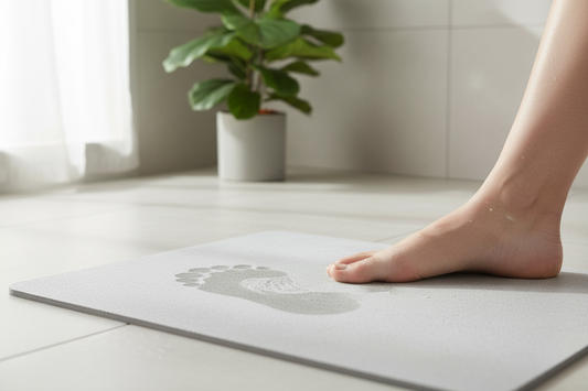 Des pieds mouillés posés sur un tapis de bain en diatomite, montrant son pouvoir d'absorption rapide dans une salle de bain moderne.