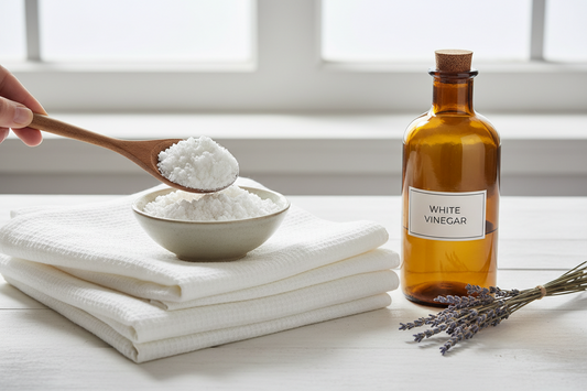 Ingrédients naturels pour recette lessive maison et adoucissant naturel au vinaigre blanc pour peau sensible.
