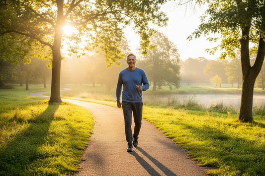 Un homme d'âge mûr souriant fait une marche rapide dans un parc ensoleillé, illustrant les bienfaits de l'exercice pour gérer le diabète de type 2.