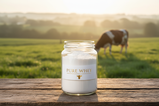 Un pot de whey protéine biologique française posé devant un paysage de campagne avec une vache, illustrant la traçabilité et l'origine naturelle du produit.