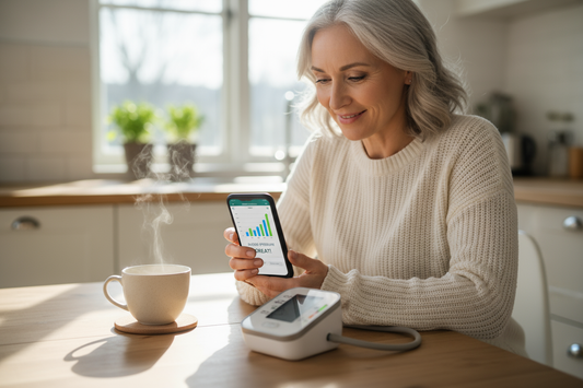 Une personne assise tranquillement à la maison, consultant les graphiques de sa tension artérielle sur son smartphone, avec le tensiomètre intelligent posé à côté.