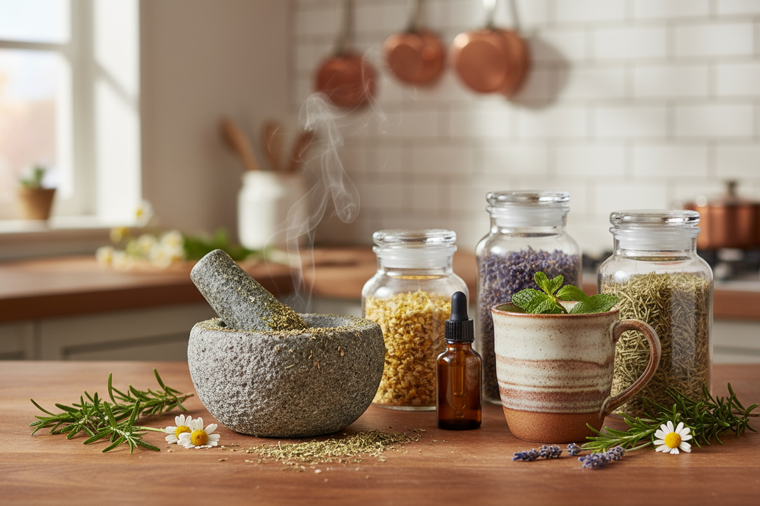 Une composition d'herbes médicinales sur une table en bois avec un mortier, des bocaux d'herbes séchées et une tisane, illustrant le concept d'une pharmacie naturelle à la maison.