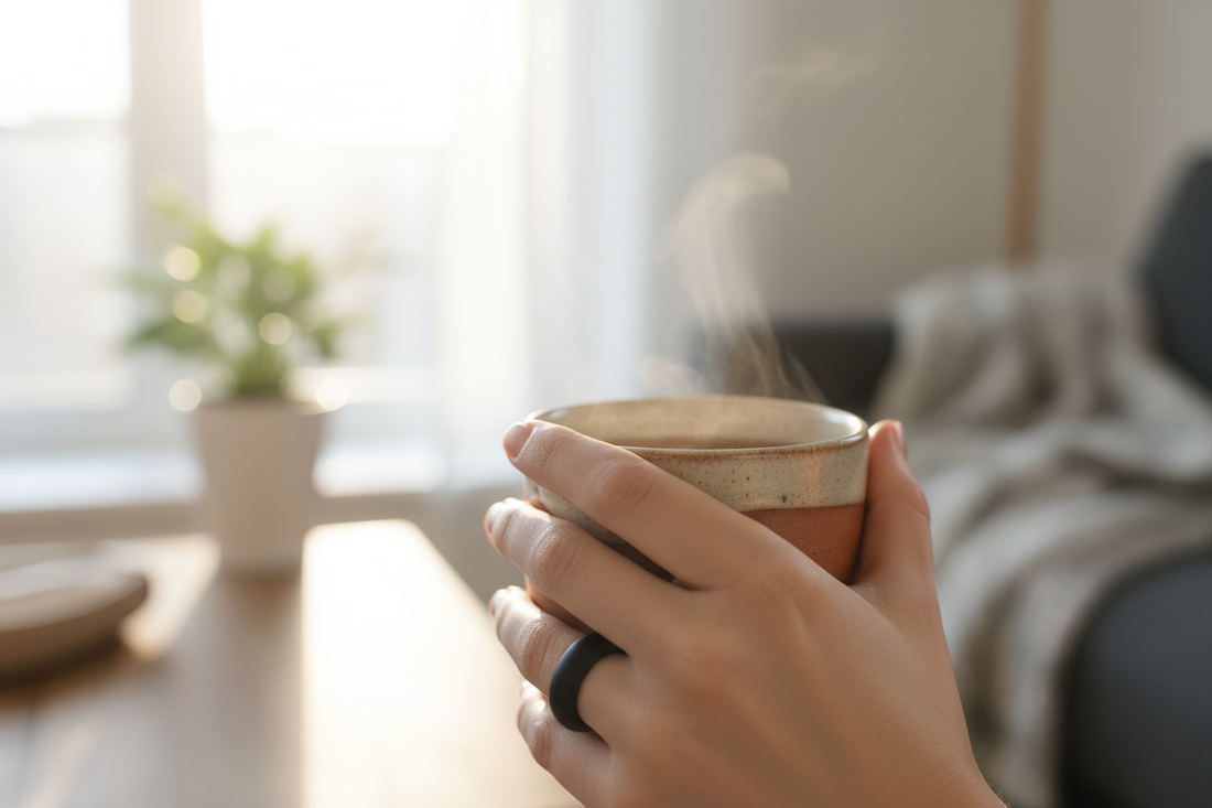Main d'une personne portant une bague connectée noire et tenant une tasse dans un intérieur lumineux et apaisant.