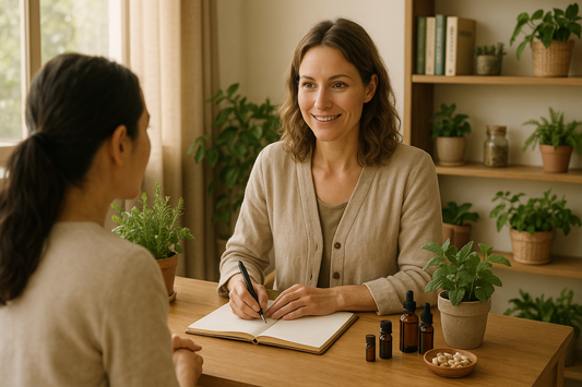 consultation d'un naturopathe offrant un chemin lumineux qui éclaire un chemin brumeux pour une personne, illustrant la clarté apportée par une consultation.