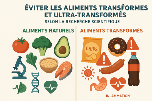 Un caddie de supermarché divisé en deux : une partie remplie de légumes frais et colorés, l'autre de produits ultra-transformés aux emballages sombres, illustrant le choix alimentaire.