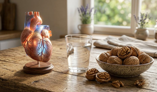 Noix riches en oméga-3 et verre d'eau, symbolisant la prévention naturelle de l'AVC et la santé cardiovasculaire.