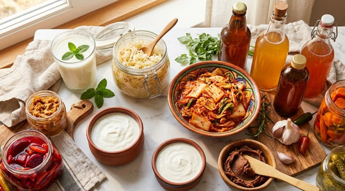 Aliments fermentés riches en probiotiques naturels : kéfir, choucroute, kimchi, kombucha et yaourt sur une table