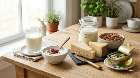 Assortiment de produits laitiers (lait, yaourt, fromage) illustrant le bilan nuancé entre bienfaits et dangers pour la santé