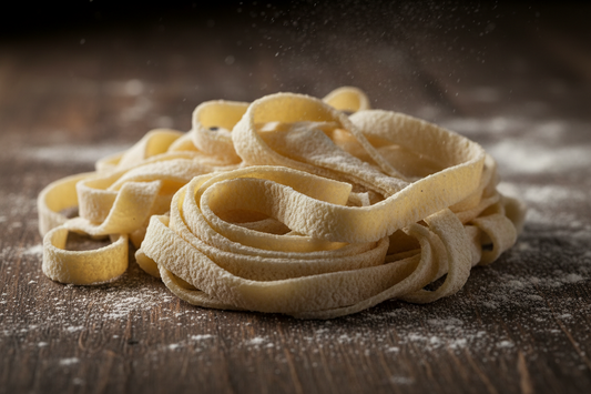 Gros plan sur la texture rugueuse et pâle de pâtes artisanales italiennes tréfilées au bronze pour une meilleure digestion.