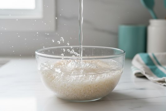 Rinçage du riz dans un bol en verre pour éliminer l'arsenic inorganique selon la méthode de l'Université de Sheffield.