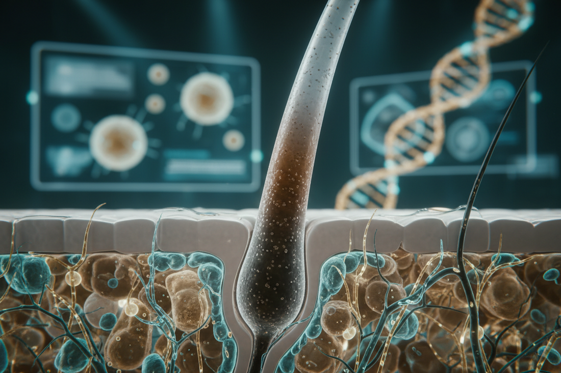 Vue microscopique d'un follicule pileux montrant la repigmentation naturelle d'un cheveu blanc à la racine.