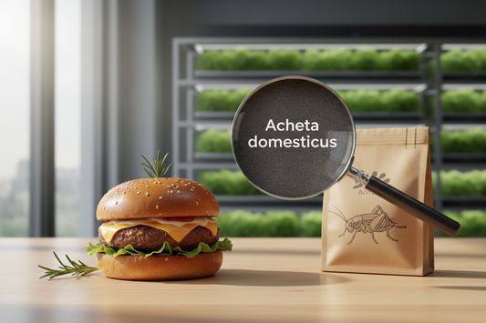 Loupe décryptant l'étiquette d'un burger contenant de la farine de grillon (Acheta domesticus) dans un environnement moderne.