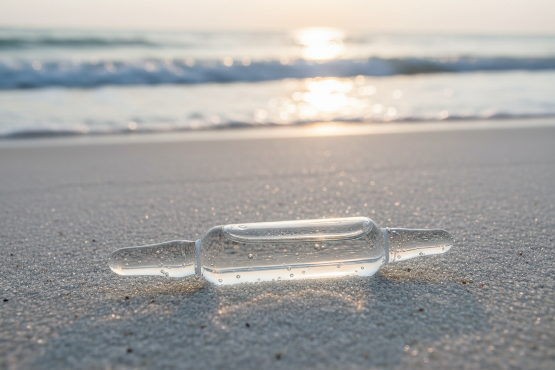 Ampoule d'eau de Quinton pure posée sur le sable, illustrant les bienfaits du plasma marin pour la santé cellulaire.