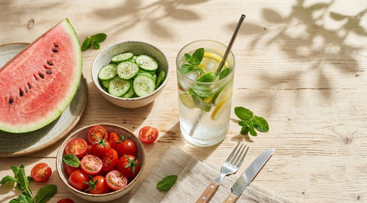 Assiette estivale avec pastèque, concombre, tomates et eau infusée pour s'hydrater quand il fait chaud