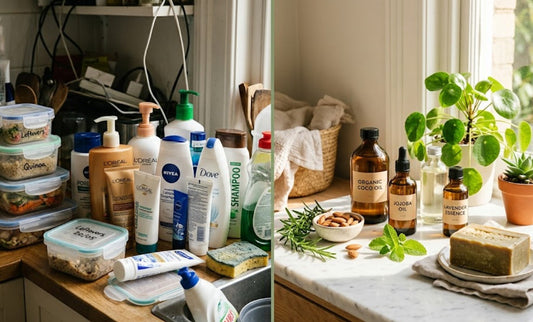 Comparaison d'un environnement chargé en toxines plastiques et d'un mode de vie sain avec contenants en verre pour réduire sa charge toxique.