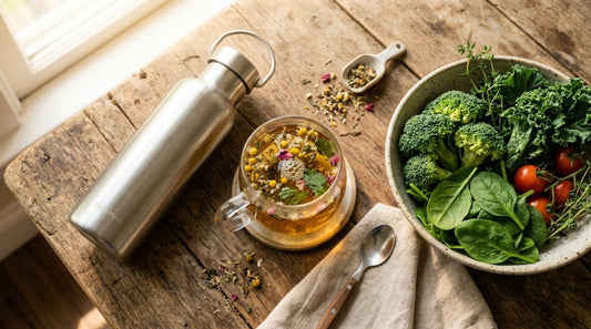 Gourde en inox, thé en vrac et légumes verts illustrant un mode de vie naturel pour réduire l'exposition aux microplastiques