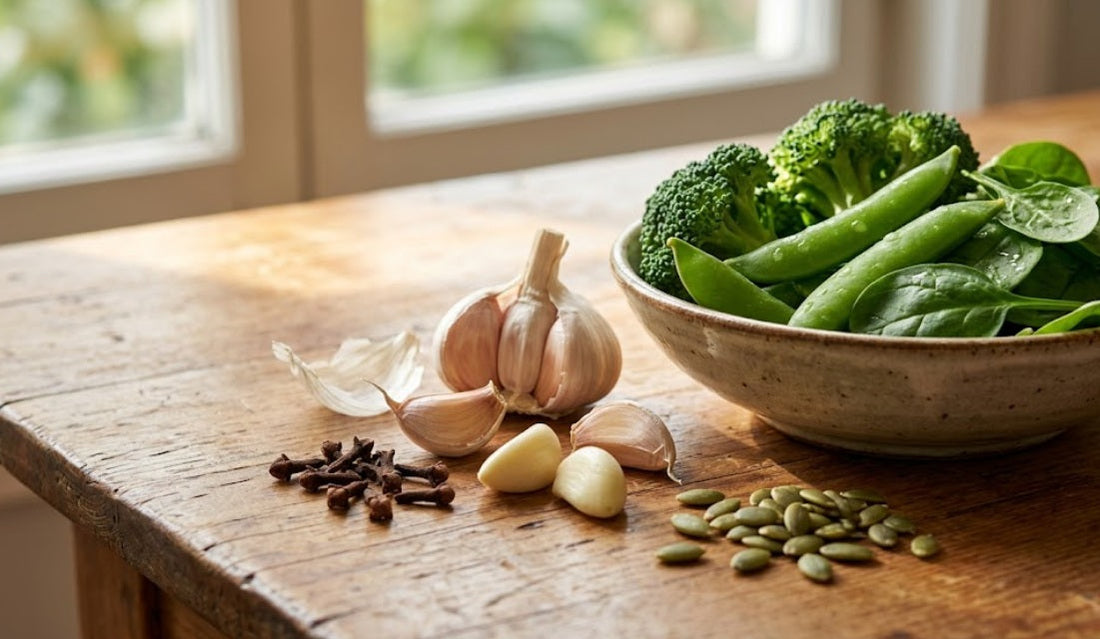 Ingrédients naturels antiparasitaires (ail, clous de girofle, graines de courge) pour enfants sur une table en bois.