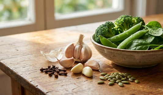 Ingrédients naturels antiparasitaires (ail, clous de girofle, graines de courge) pour enfants sur une table en bois.