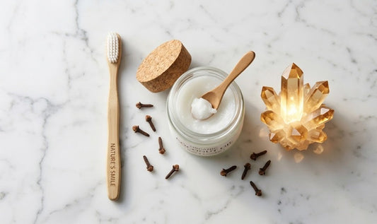 Protocole naturel complet pour reminéraliser les dents : huile de coco, clous de girofle, brosse à dents et cristaux de calcium.