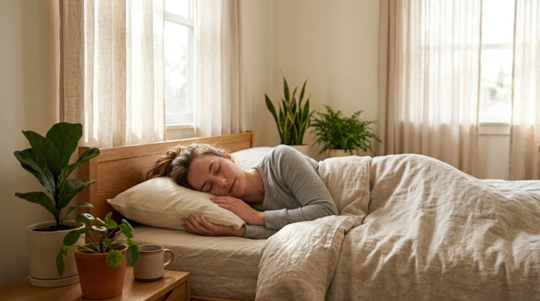 Femme dormant paisiblement grâce à la respiration nasale, illustrant un sommeil réparateur et une santé cardiovasculaire optimisée