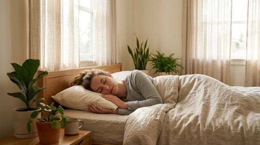 Femme dormant paisiblement grâce à la respiration nasale, illustrant un sommeil réparateur et une santé cardiovasculaire optimisée