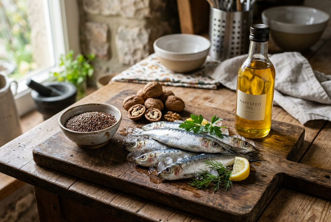 Sardines fraîches, graines de lin, noix et huile de colza sur une planche en bois, sources naturelles d'oméga-3
