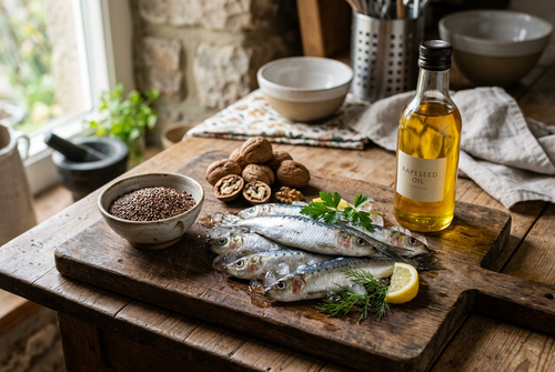 Sardines fraîches, graines de lin, noix et huile de colza sur une planche en bois, sources naturelles d'oméga-3