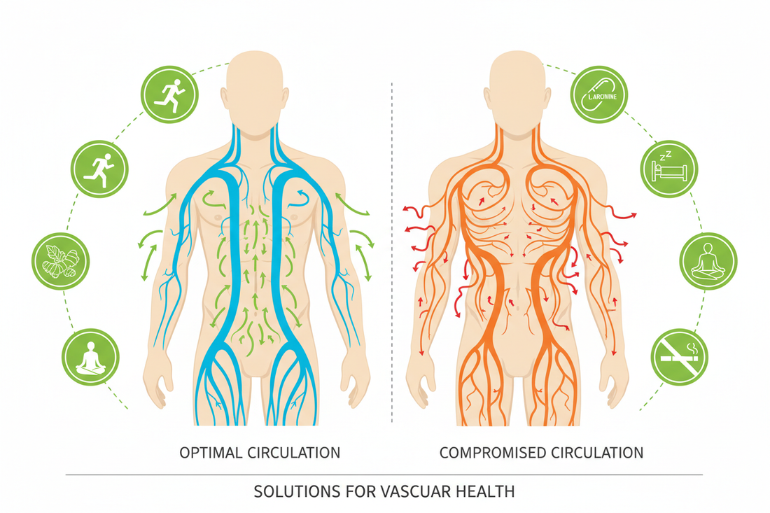 Schéma vasculaire montrant circulation sanguine optimale versus compromise et 7 solutions naturelles pour améliorer fonction érectile et santé cardiovasculaire masculine