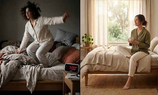 Comparaison entre se lever trop vite avec stress et adopter une routine matinale douce pour protéger son cœur.