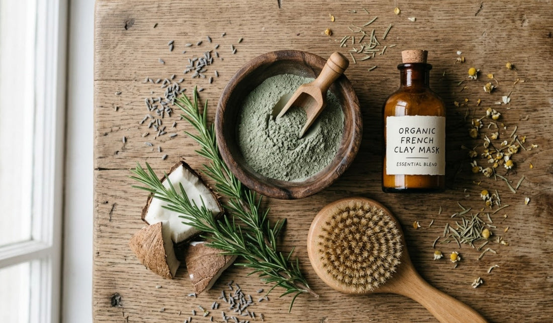 Composition naturelle avec bol d'argile verte, flacon de shampoing naturel en verre ambré, romarin frais et brosse en bois - alternatives saines aux shampoings à sulfates pour lutter contre la chute de cheveux